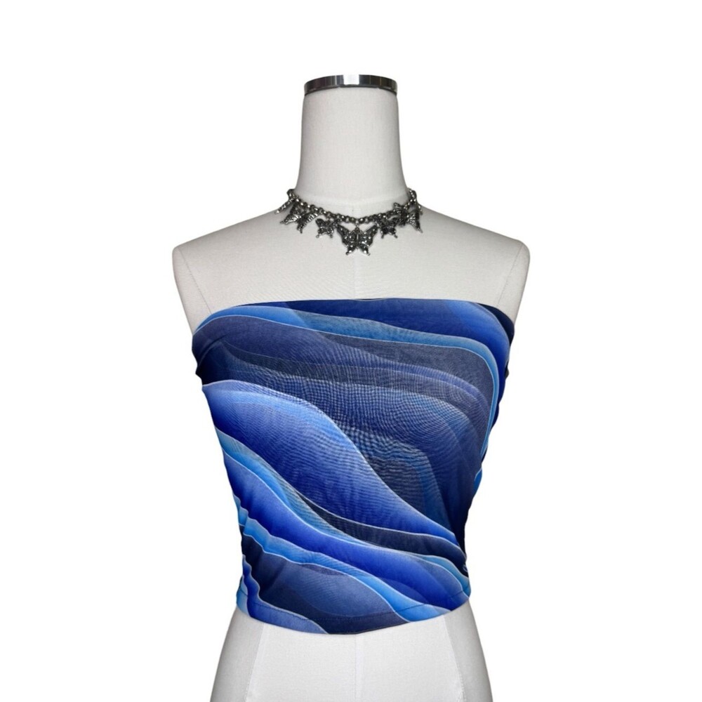 Y2K Profile USA Blue Wave Strapless Mesh Sheer Tube Top Size Small